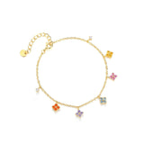 Сребърна гривна с многоцветни цветя и 18К златно покритие, дължина 16+3 см.