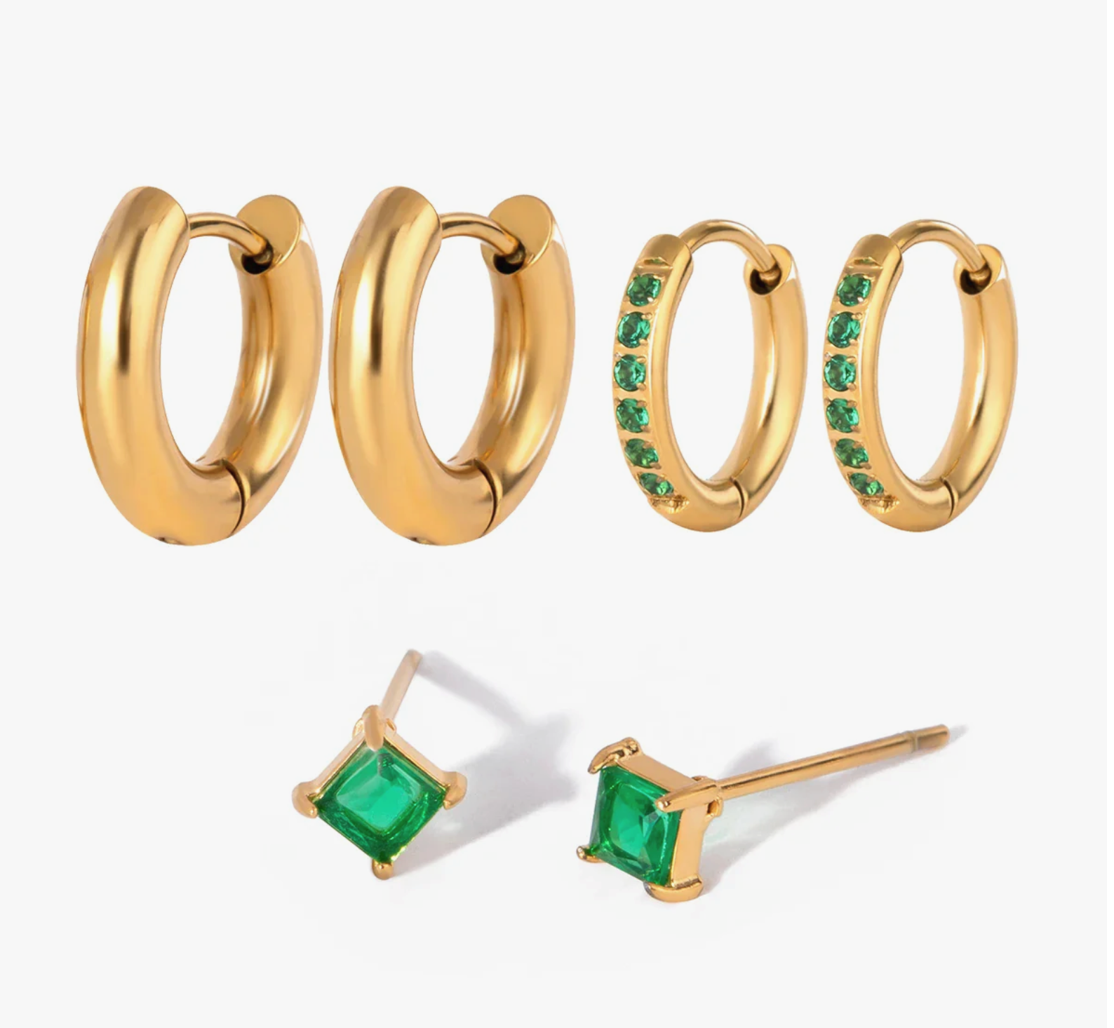 Сет Обеци Emerald Gold с 18К Златно Покритие- 6 бр - Златни обеци с зелени кристалчета и халки.