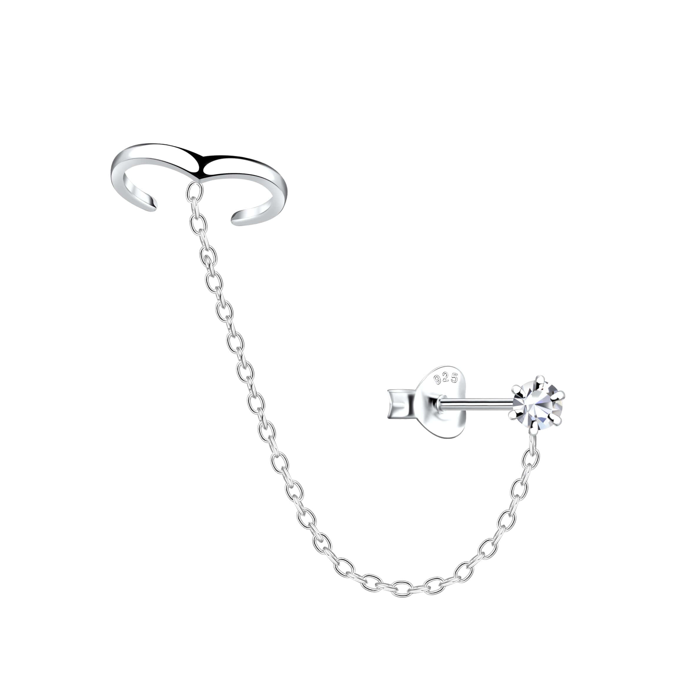 Сребърни Обеци Celeste Chain S925 - обеци пиърсинг с верига и кристал, подходящи за хрущял