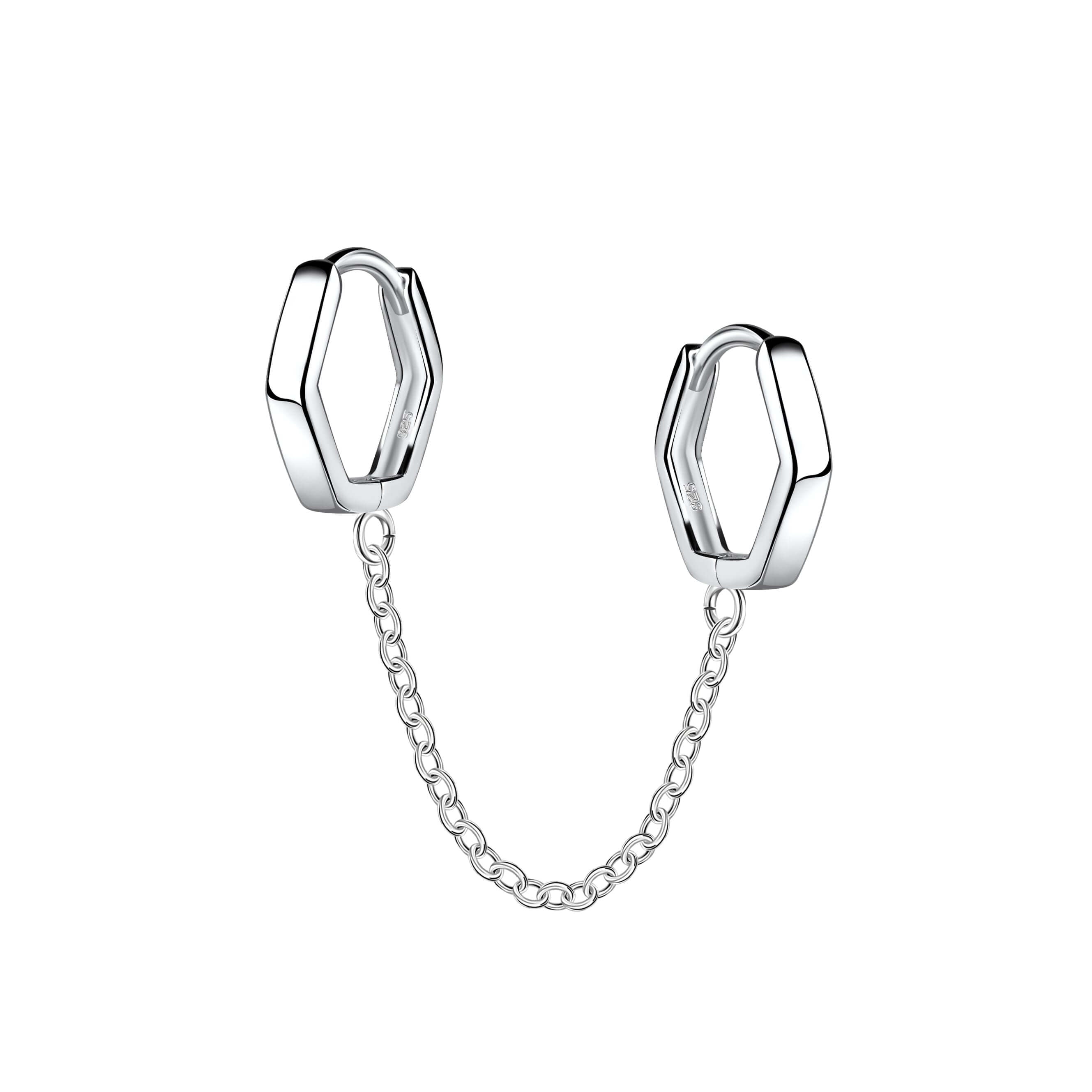 Сребърни Обеци Double Flow S925, обеци пиърсинг за хрущял с уникален дизайн и елегантна верижка.