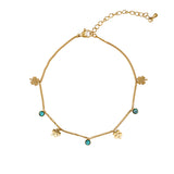 Гривна за глезен с детелина и тюркоазени мъниста, символ на късмет и защита.