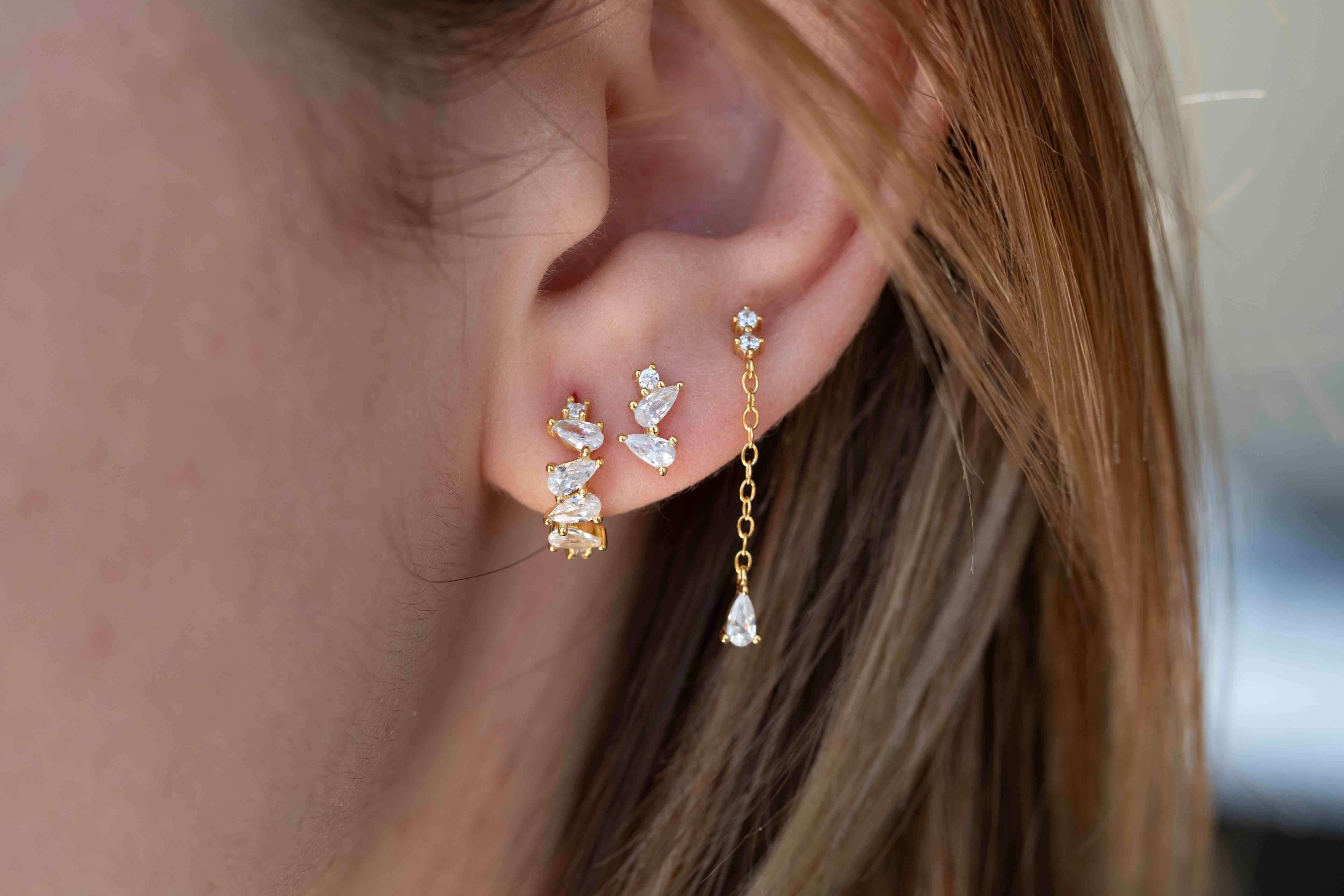 Сребърен сет обеци пиърсинг 3бр Trinity Gold S925 на ухото, елегантни и изискани.