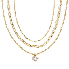 Тройно Колие Циркон с 18К Златно Покритие - златисто колие с кристал, синджир и змийска плетка.