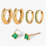 Сет Обеци Emerald Gold с 18К Златно Покритие- 6 бр - Златни обеци с зелени кристалчета и халки.