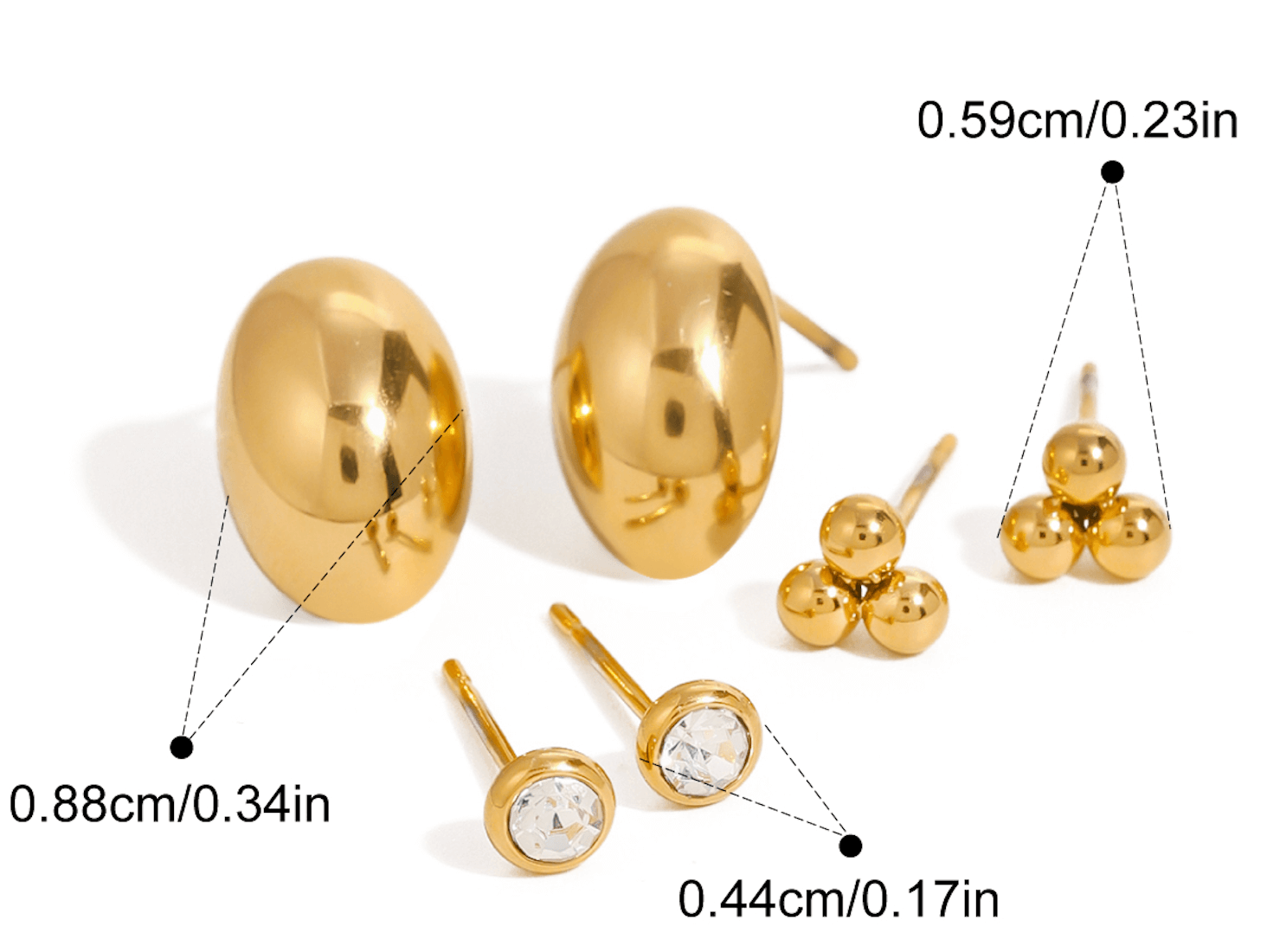 Сет обеци винт в 3 размера с 18К златно покритие, медицинска стомана. Водоустойчиви и хипоалергенни.