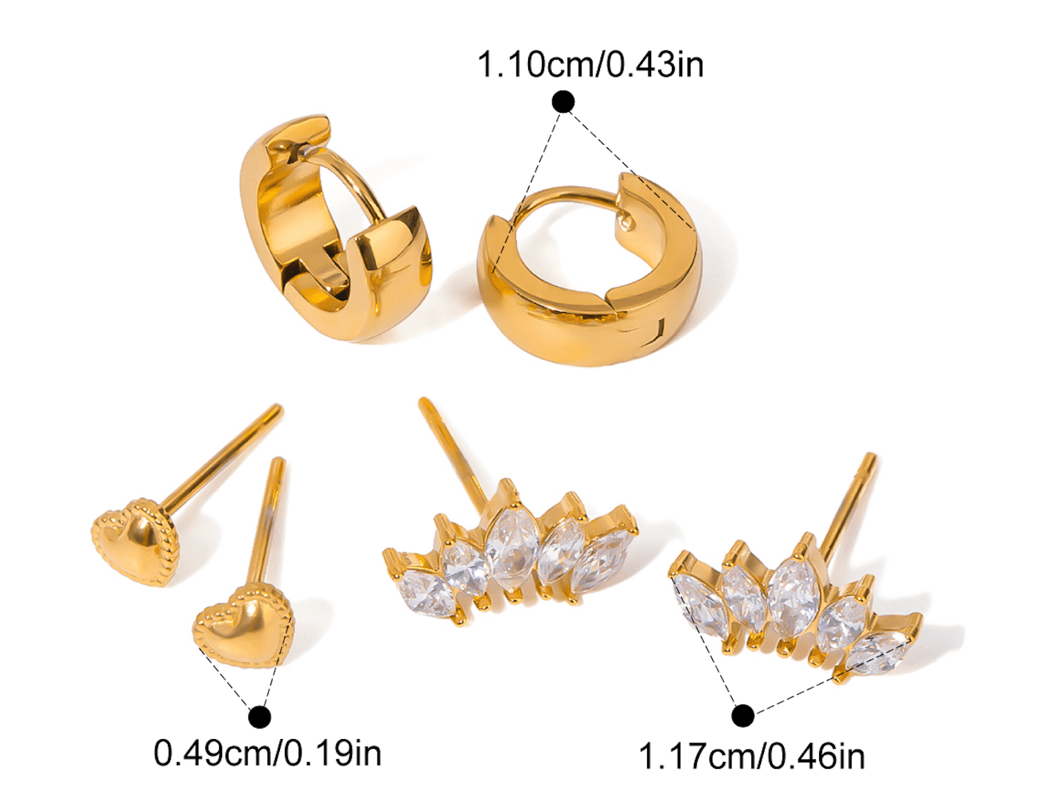 Сет обеци Solina с 18К златно покритие, различни размери и форми, включително сърце и кристали.