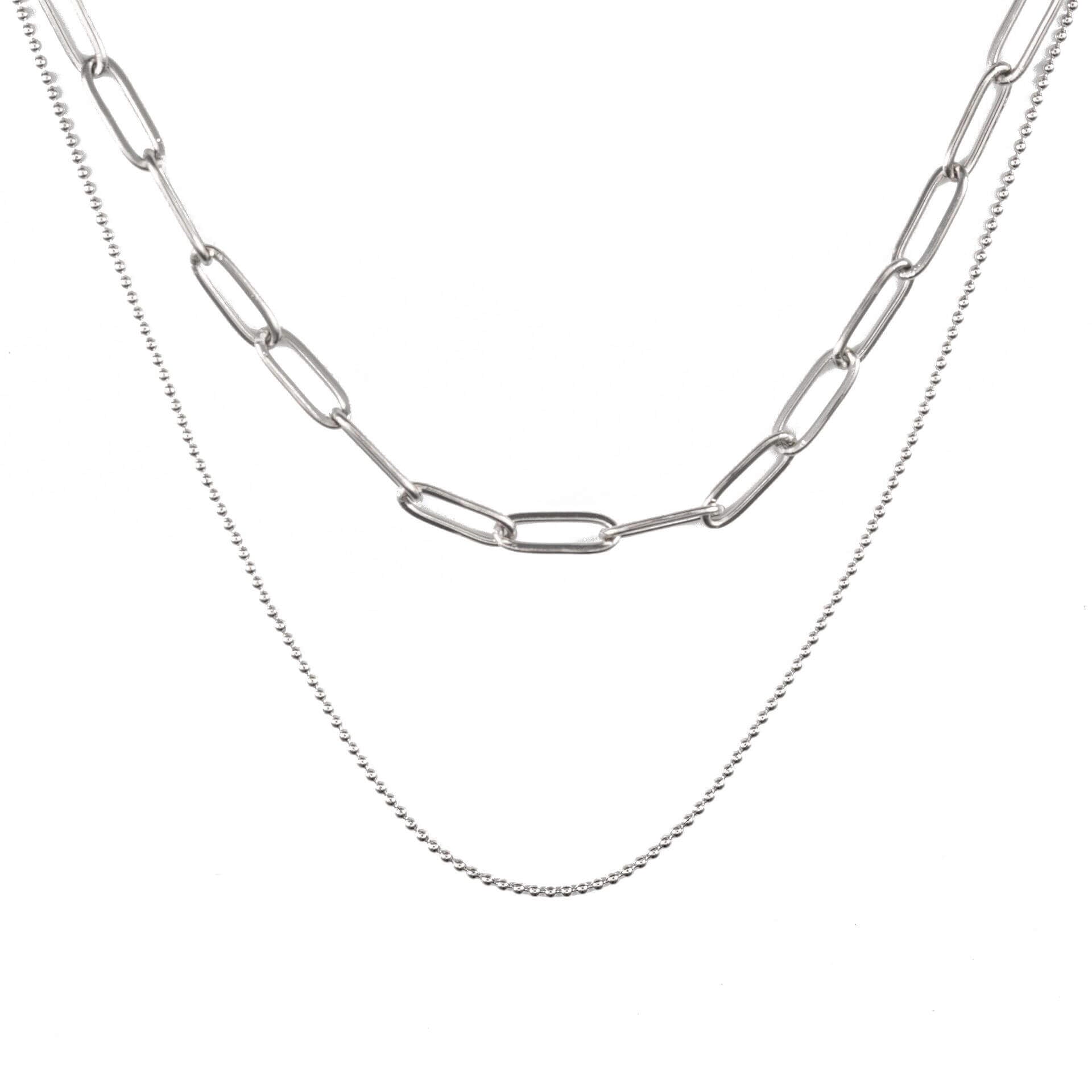 Двойно колие paperclip и синджирче в сребрист цвят с 18К златно покритие и медицинска стомана.