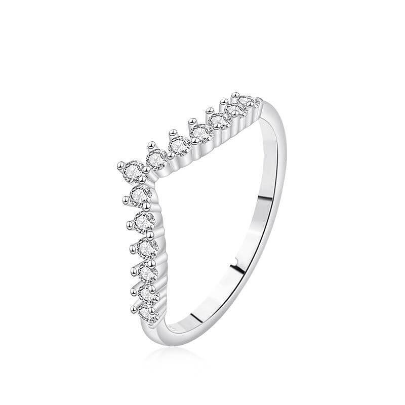 S925 silver V-shape ring adorned with sparkling 5A zirconia stones, elegant and stylish accessory.