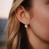 Елегантни сребърни обеци с форма на сърце, носени от жена с дълга коса на фон на залез.