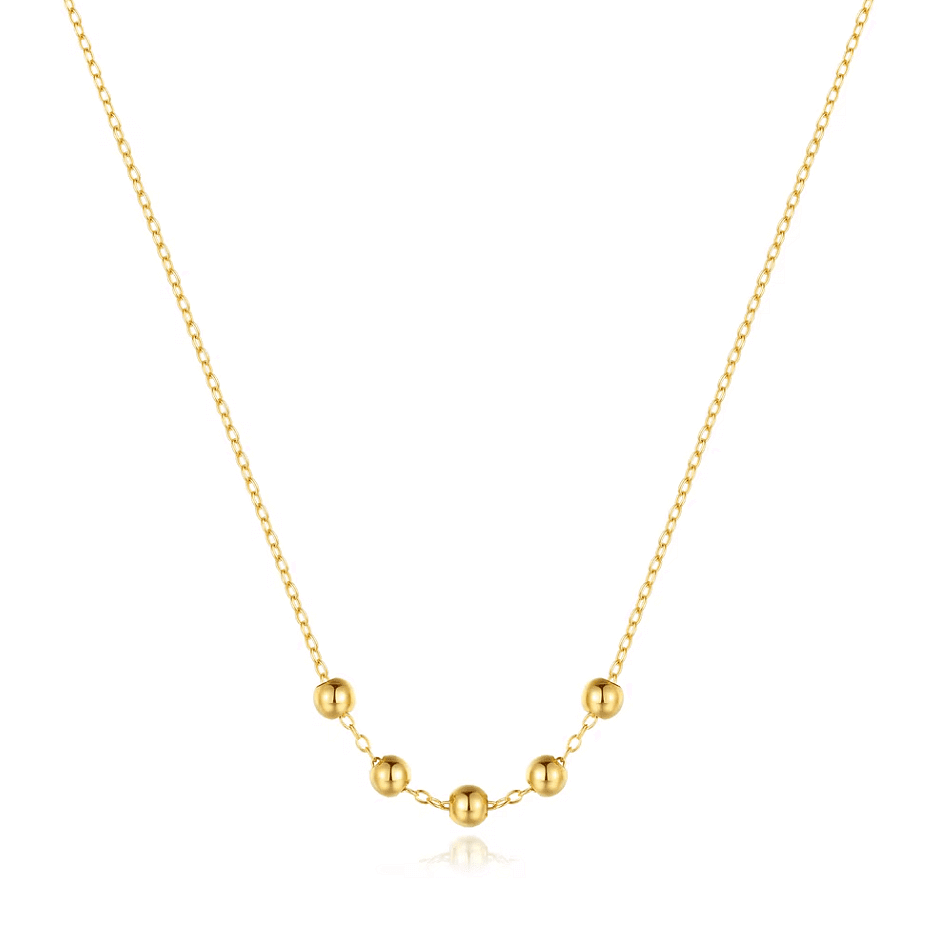 Сребърно колие "Golden Sphere" с 18K златно покритие и 5 топчета, стилно и елегантно за всеки ден.