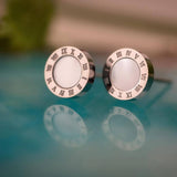 Сребристи обеци с римски числа с бял седеф