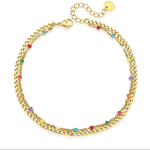 Двойна гривна за глезен с цветни камъчета и златисто покритие, идеална за летни дни.