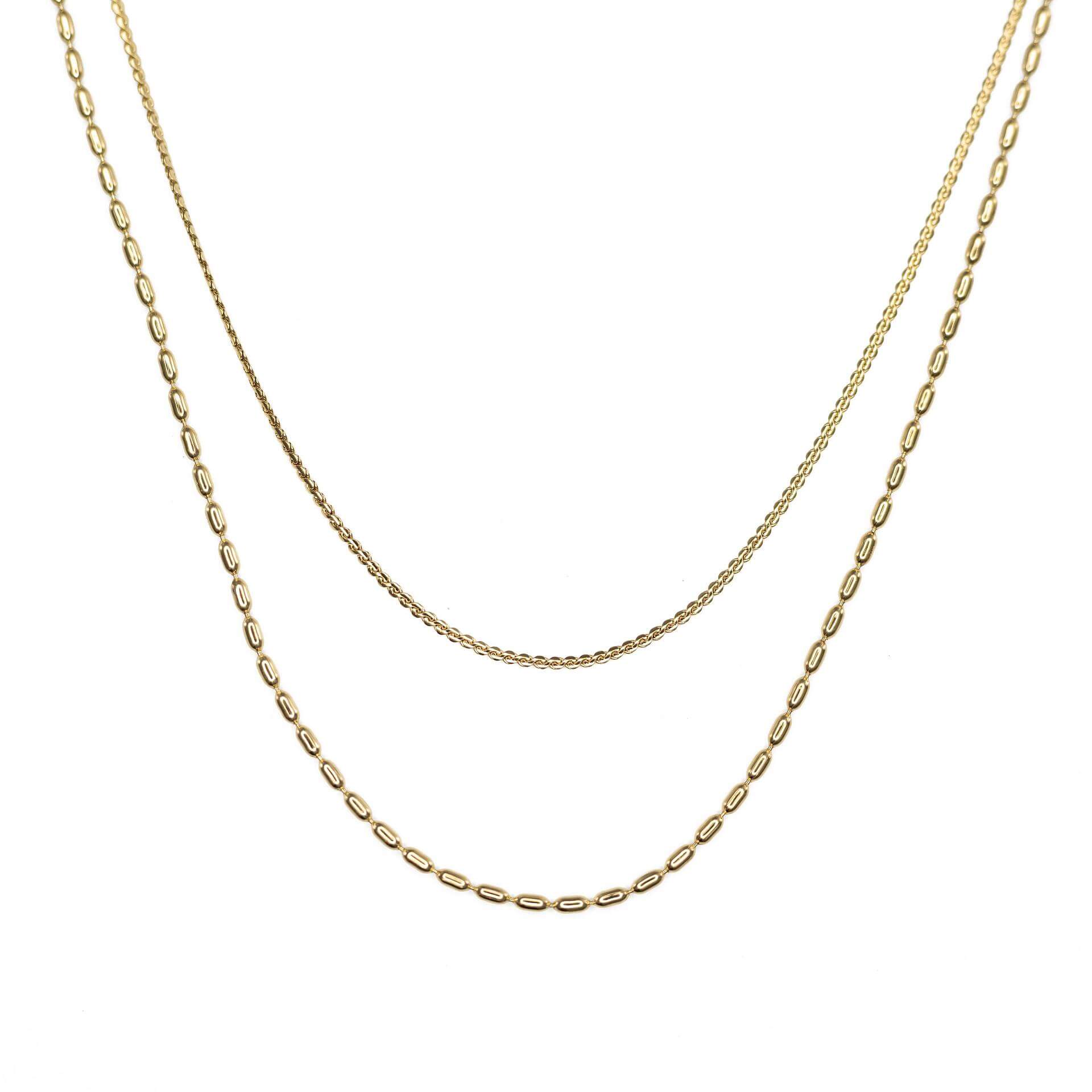 Златно двойно колие Elara от медицинска стомана 304L с 18К позлата, водоустойчиво и хипоалергенно.